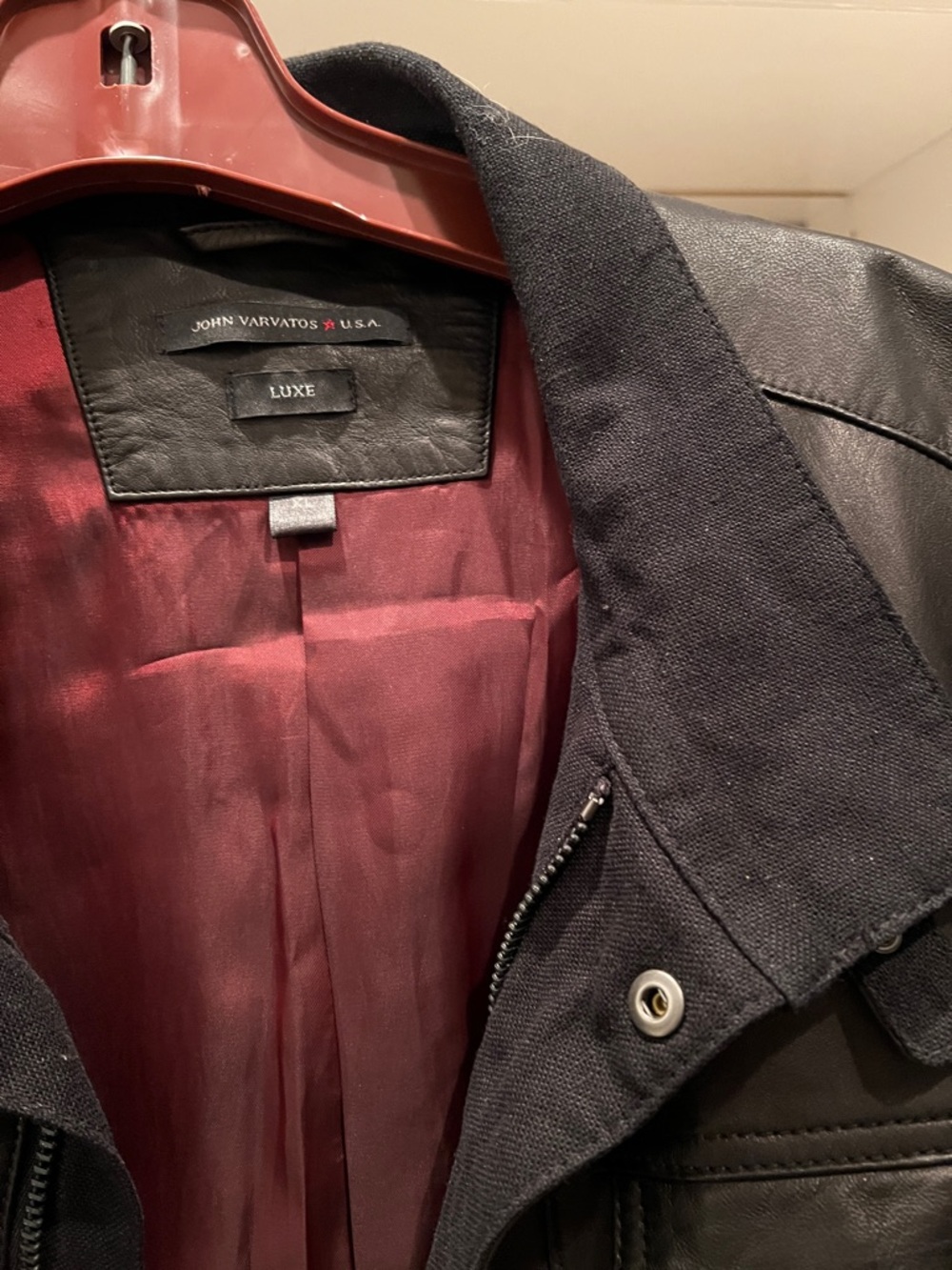 John Varvatos Black Leather Field Jacket with Red Lining - Picture 2 of 4